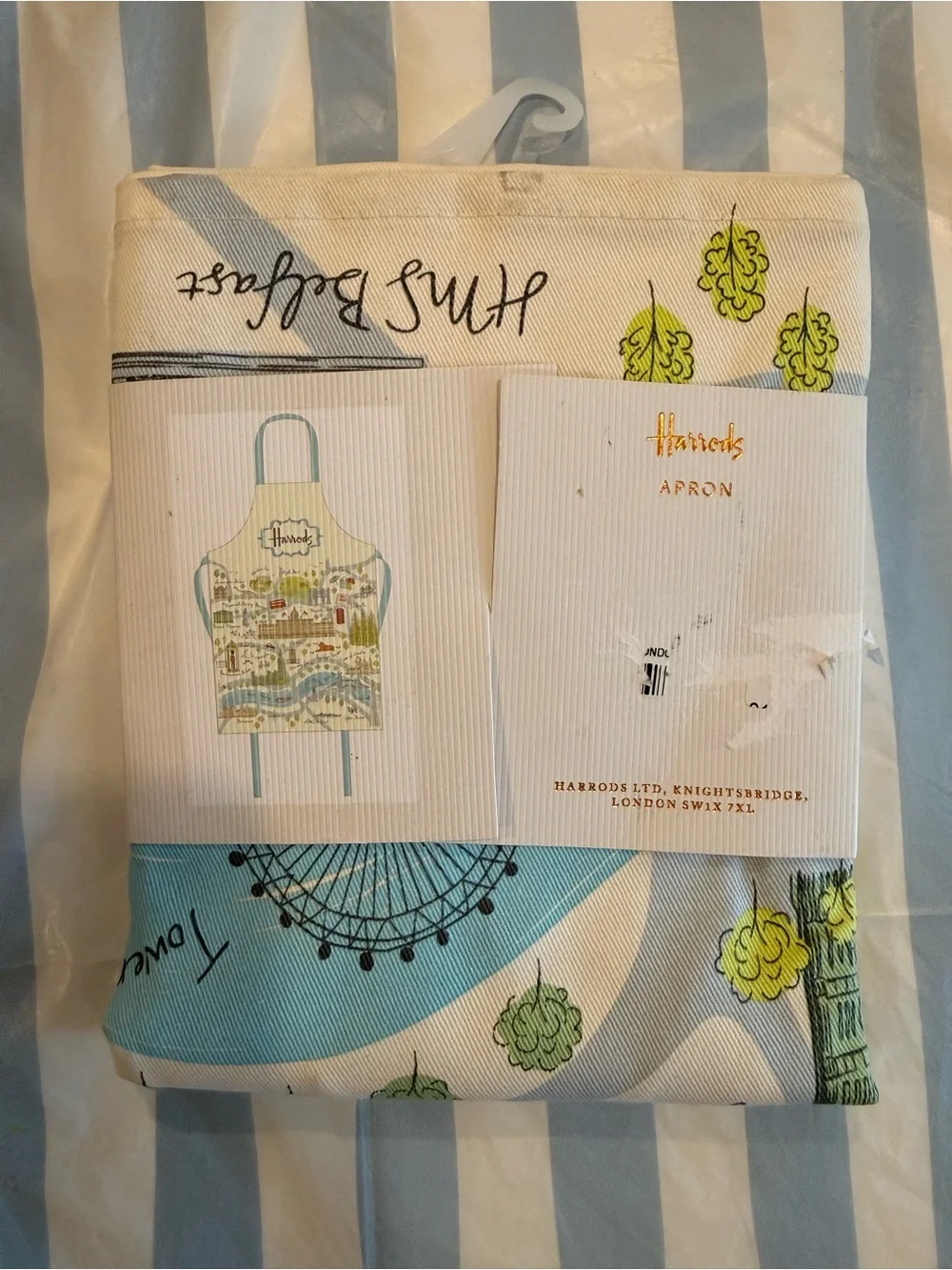 Harrods London Blue & Cream Illustrated Cotton Apron